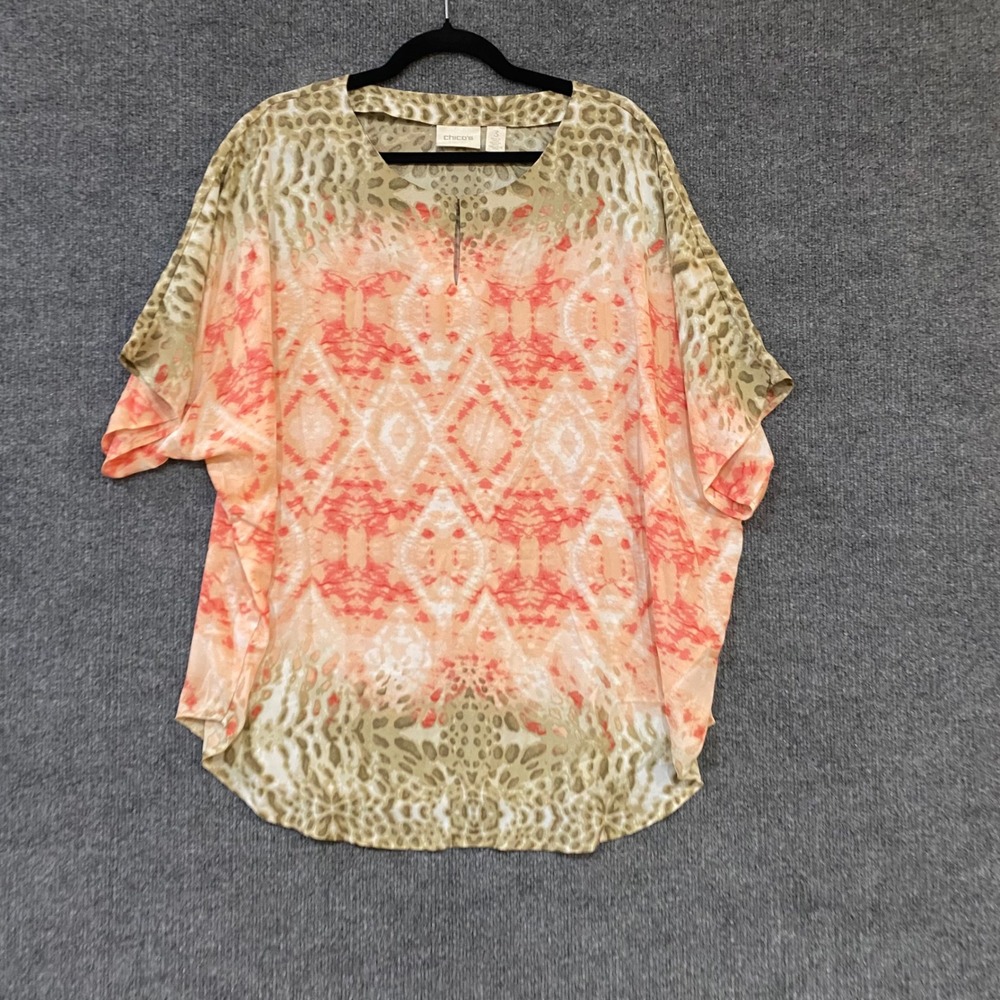 Chicos Animal Print Dolman Sleeve Blouse Coral Olive Green Size 3 XL Oversized